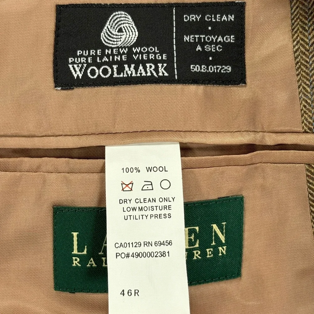 Lauren Ralph Lauren Wool Sport Coat Mens 46R Brown Herringbone 2 Button Blazer